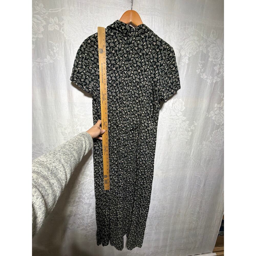 Vintage Midi Shirt Dress 12 Black Cream Floral Short Sleeve Collared Tie - Picture 7 of 7